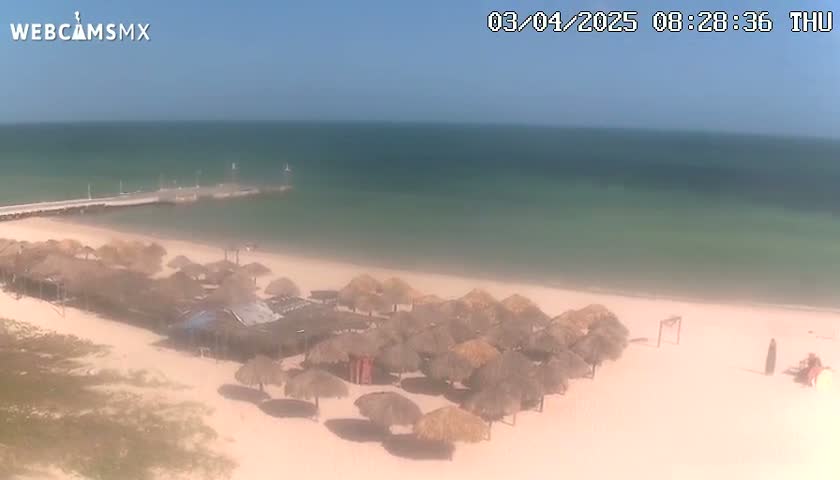 A sandy beach with numerous thatched umbrellas, a pier extending into a calm, clear ocean under a bright sunny sky is shown.