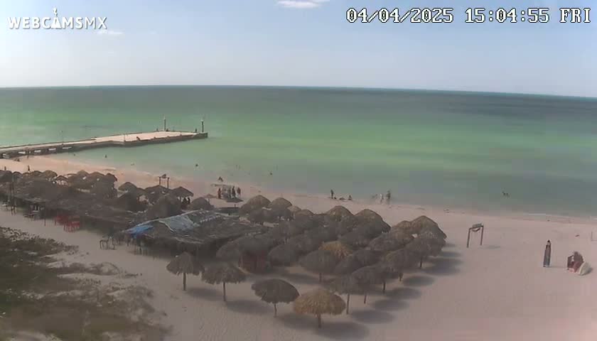 A sandy beach with numerous thatched umbrellas and a small pier stretches out to a calm, light-green ocean under a clear sky.