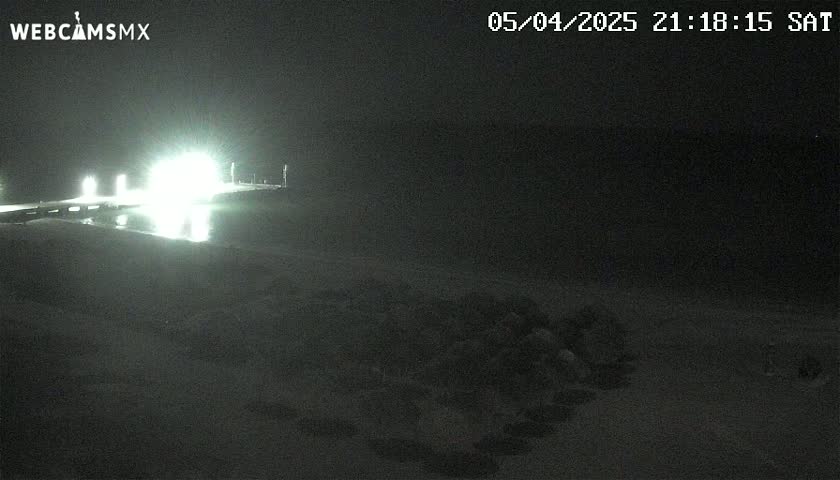 A nighttime, low-light image shows a bright light source reflecting off of a body of water near a dark shoreline with rocks.