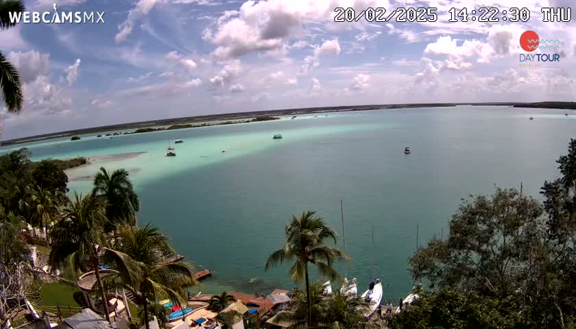 A partly cloudy day overlooks a calm, turquoise body of water dotted with boats, from a high vantage point with tropical vegetation in the foreground.