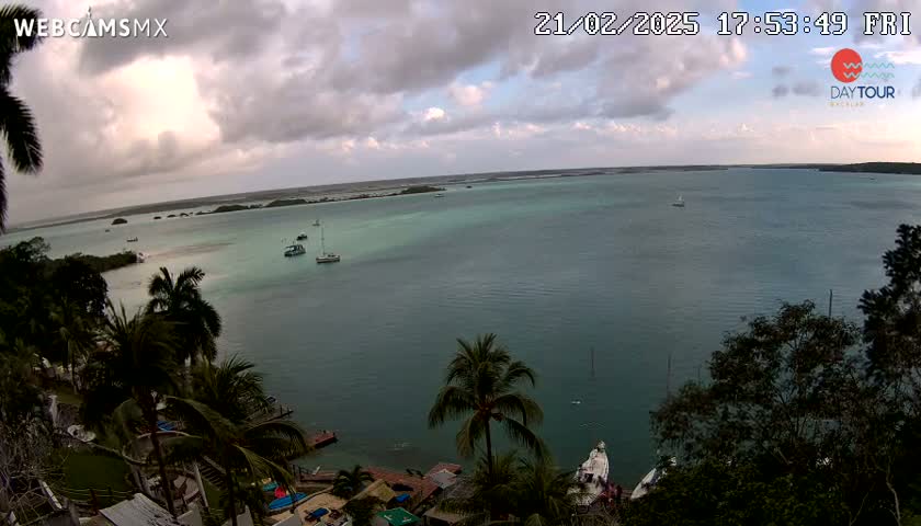 An elevated view of a calm bay with several boats, partially cloudy skies, and lush tropical vegetation in the foreground.