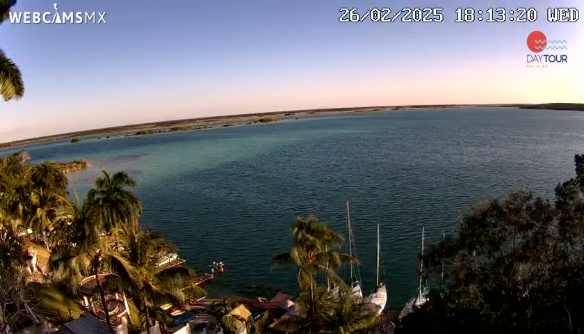 A tranquil body of teal water, partially enclosed by land, is dotted with sailboats near a palm tree-lined shore under a clear, twilight sky.