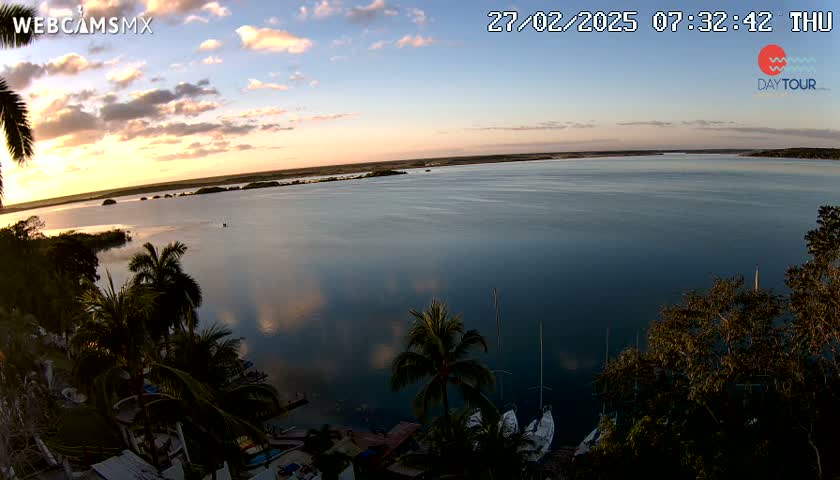 A calm body of water at sunset, reflecting the colorful sky, is surrounded by palm trees and vegetation.