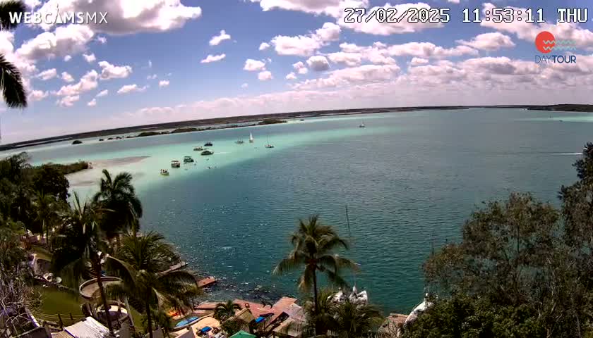 A partly cloudy day overlooking a calm, turquoise body of water with several boats and palm trees on the shore.