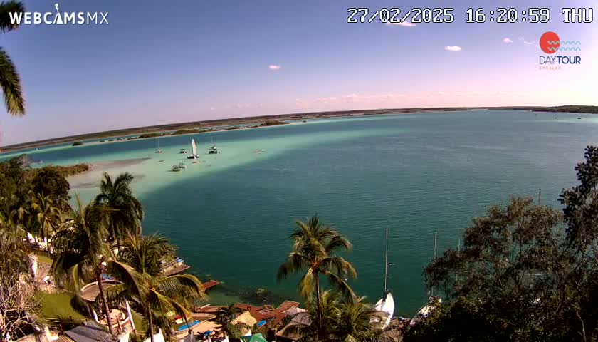 A panoramic view of a tropical lagoon with turquoise water, several sailboats, and palm trees lining a shoreline under a clear, sunny sky.