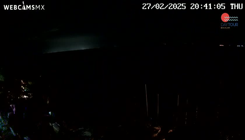 A nighttime, dark scene shows a body of water in the distance with a faint, bright horizon line, and some dark land in the foreground.