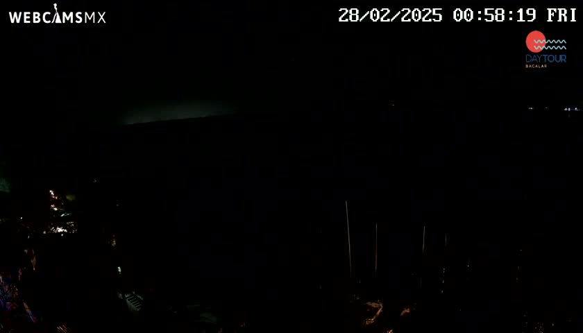 A dark nighttime scene shows a body of water with faint lights visible in the distance under a clear, dark sky.