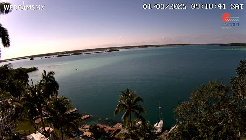 An aerial view shows a calm, teal-colored body of water under a clear, pale sky, with palm trees and boats visible near the shore.