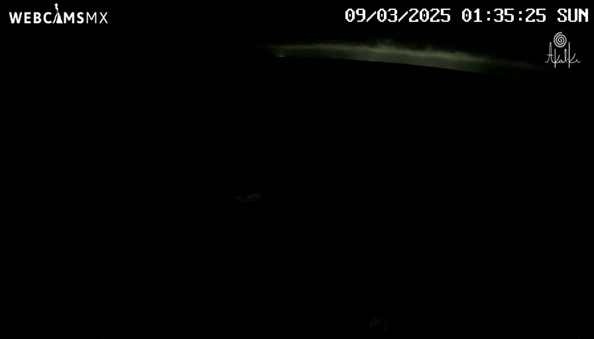 A nighttime outdoor scene shows a faint, bright horizontal line across the top of a very dark image.