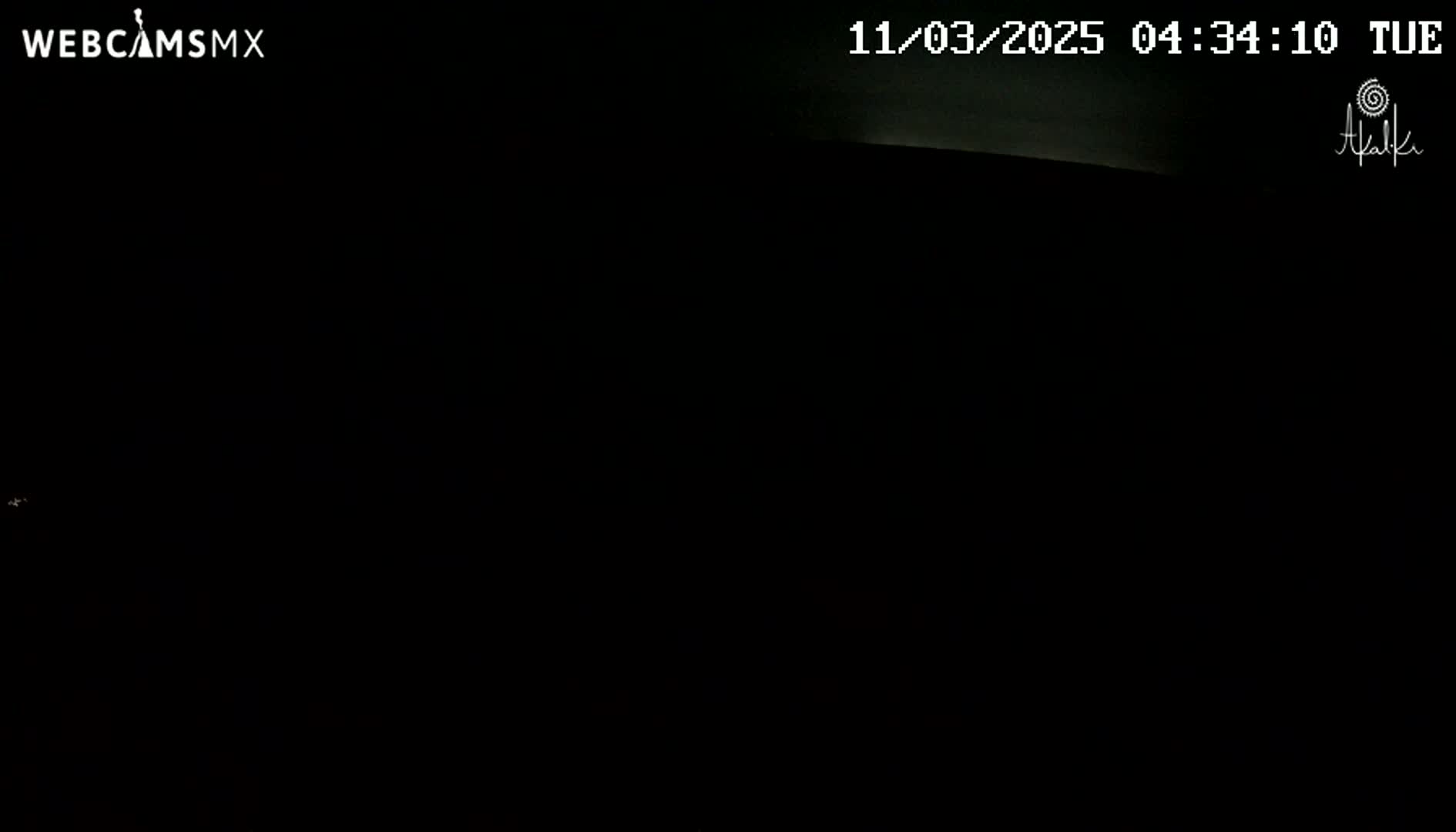A dark, nighttime scene is shown, with a faint light source visible at the top of the frame.