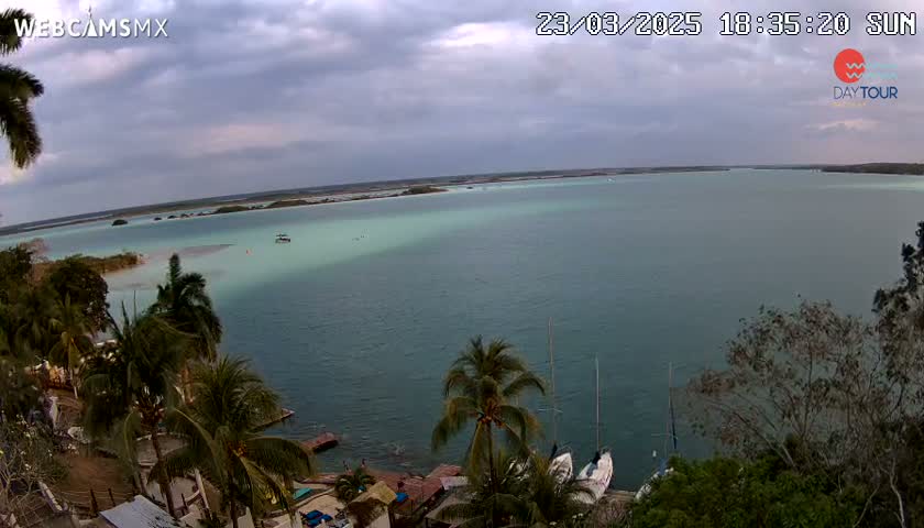 An overcast day shows a tranquil body of teal water, bordered by palm trees and a shoreline with small buildings.