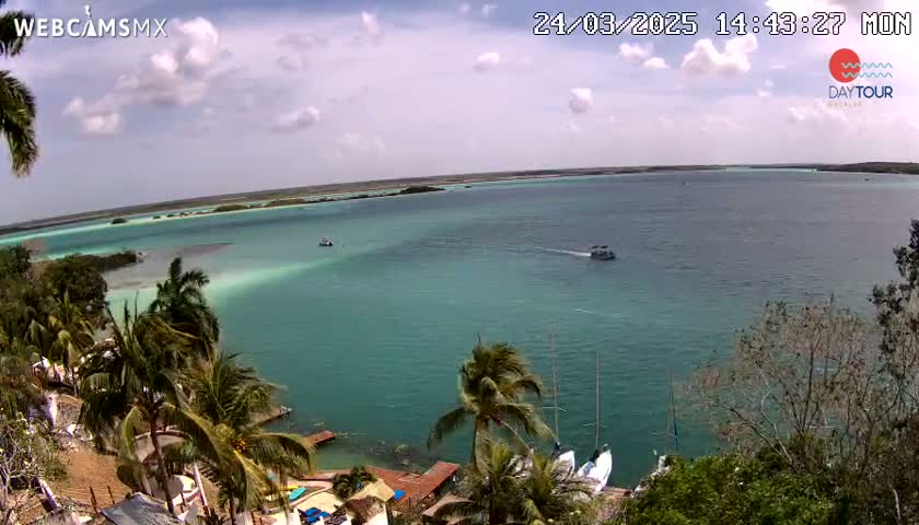 A tranquil turquoise bay, under a partly cloudy sky, is viewed from an elevated vantage point overlooking a palm-tree-lined shore with several boats visible on the water.
