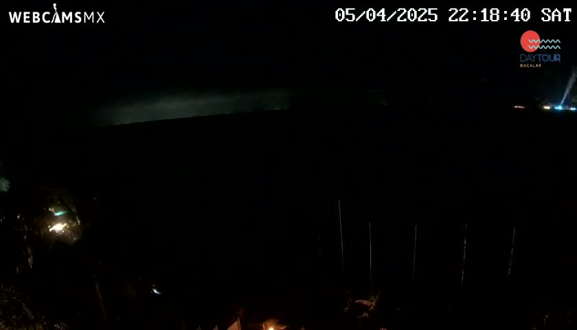 A nighttime, dark landscape is visible, with a faint, bright horizon line and some small lights in the lower left corner.