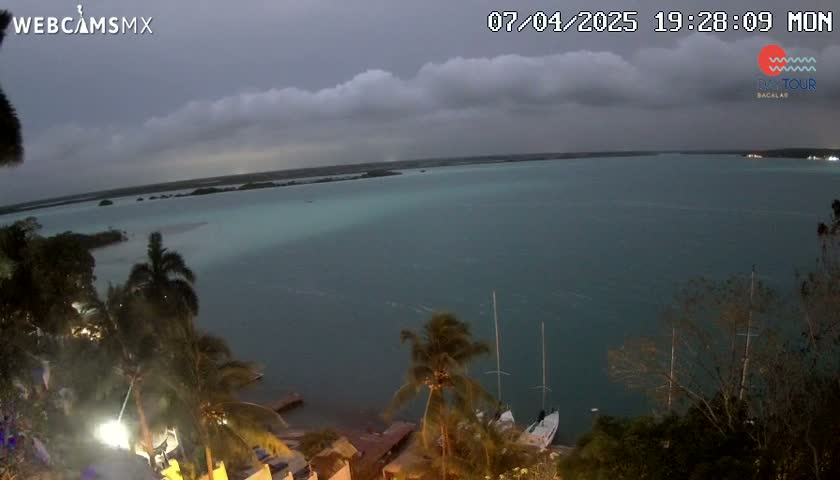 A nighttime view of a calm, teal-colored body of water under a cloudy sky, with palm trees and docked sailboats visible in the foreground.