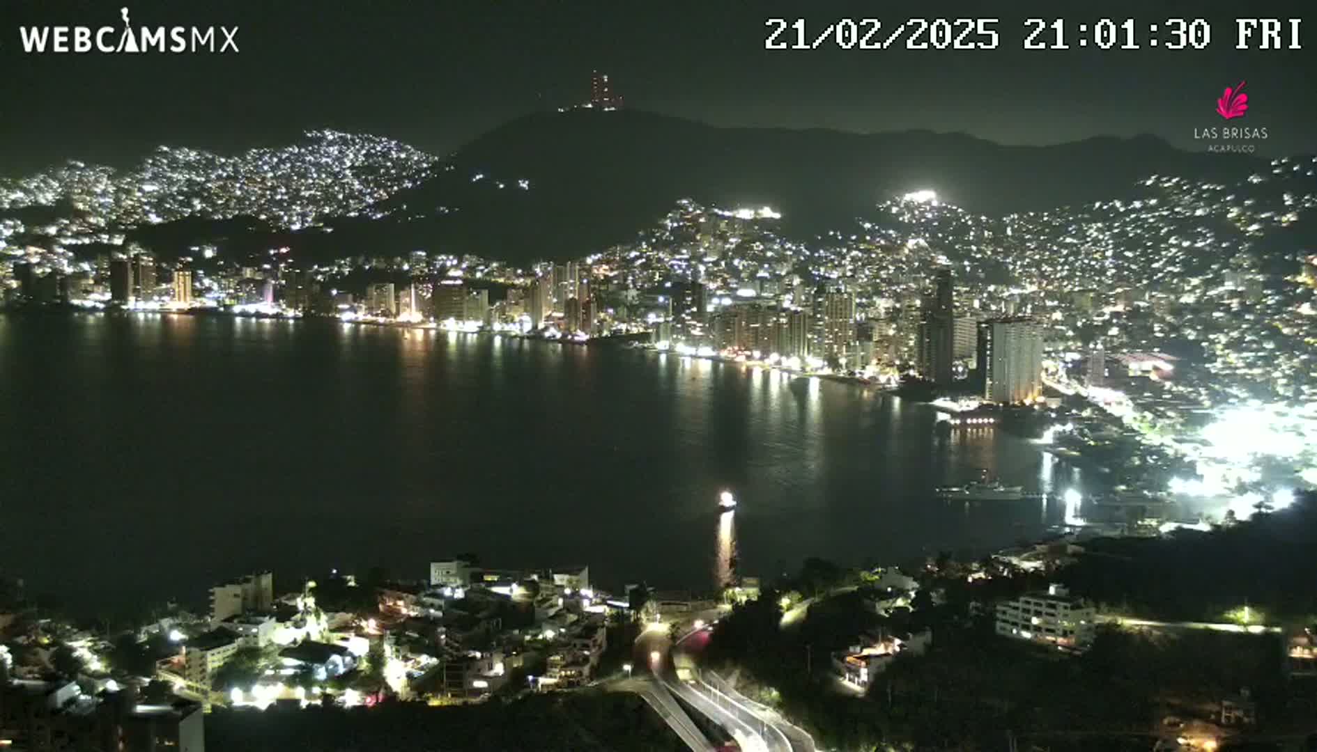 A nighttime, high-angle view of a city sprawling along a dark bay, illuminated by countless lights.
