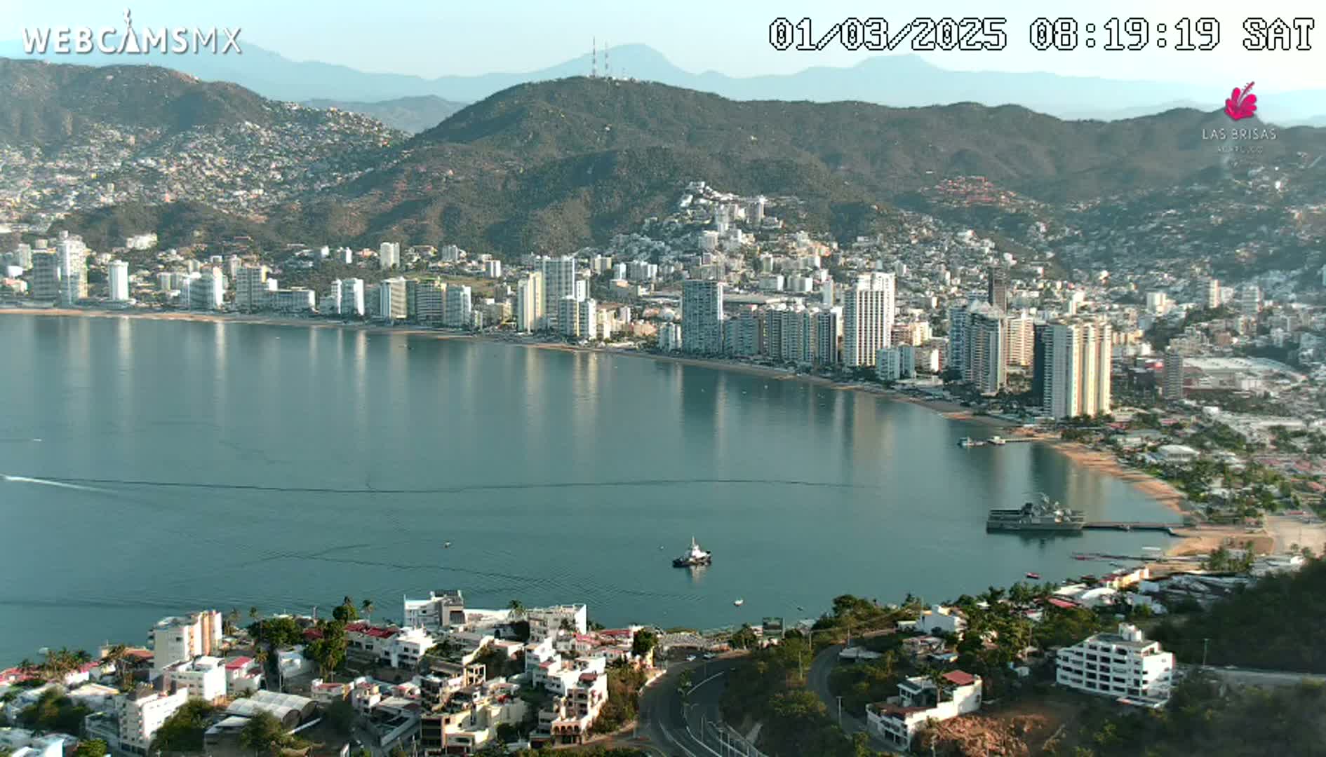A coastal city with numerous high-rise buildings sits on a bay under a clear sky.