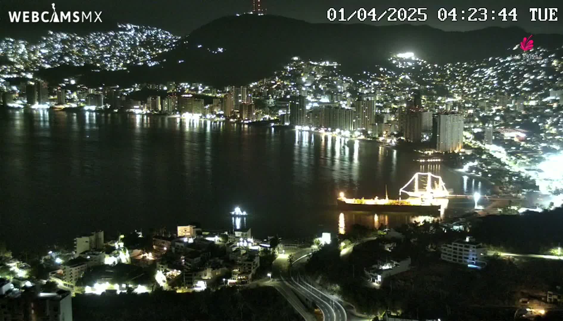 A nighttime view of a city on a hillside next to a calm bay, with a large ship docked near the shore.