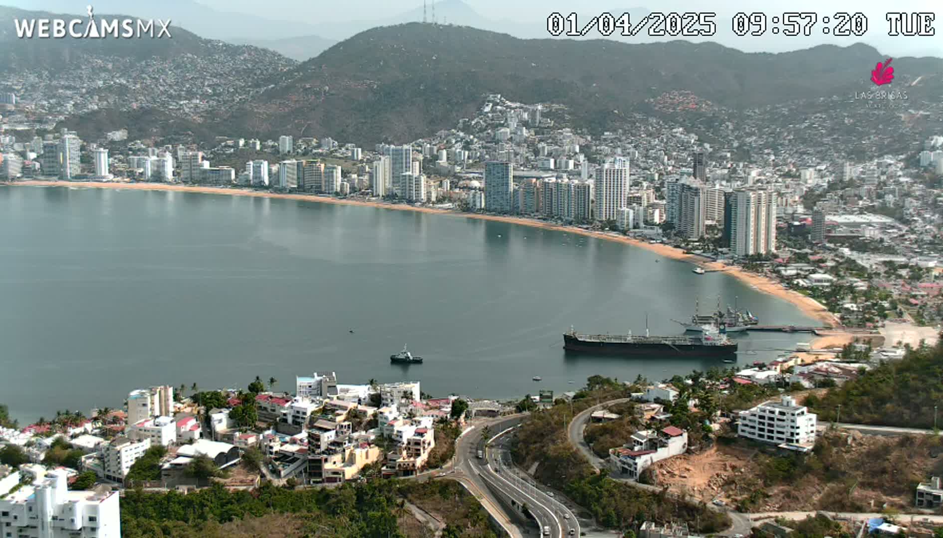 A coastal city with high-rise buildings along a sandy beach and calm bay is viewed from a hillside on a clear day.