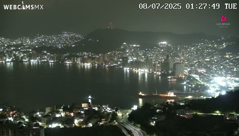 A nighttime view of a city illuminated along a dark body of water, nestled between hills under a clear sky.