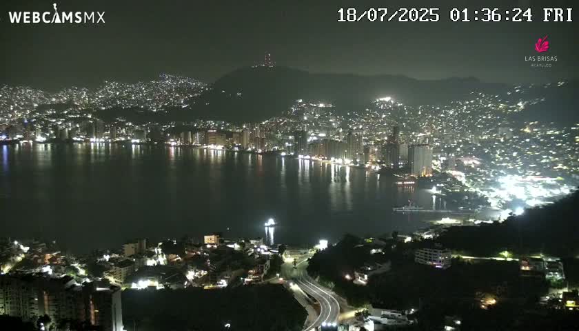 A nighttime view of a city sprawling across hills and along a dark bay, illuminated by numerous lights.