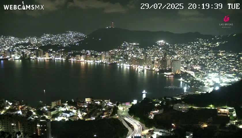 A nighttime view of a city sprawling across hills and along a dark bay, illuminated by numerous lights.