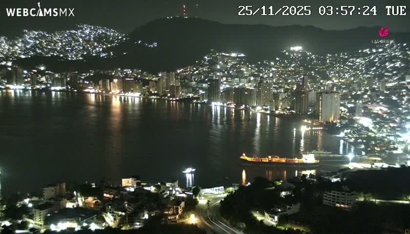 A wide panoramic view of a vibrant city bay at night features countless lights from buildings and residences reflecting on the calm water, with a large cargo ship and a smaller boat visible, all under a clear sky.