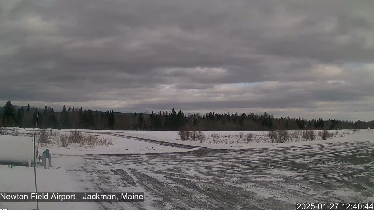 A snow-covered airfield, under a cloudy sky, is bordered by a line of dark evergreen trees.