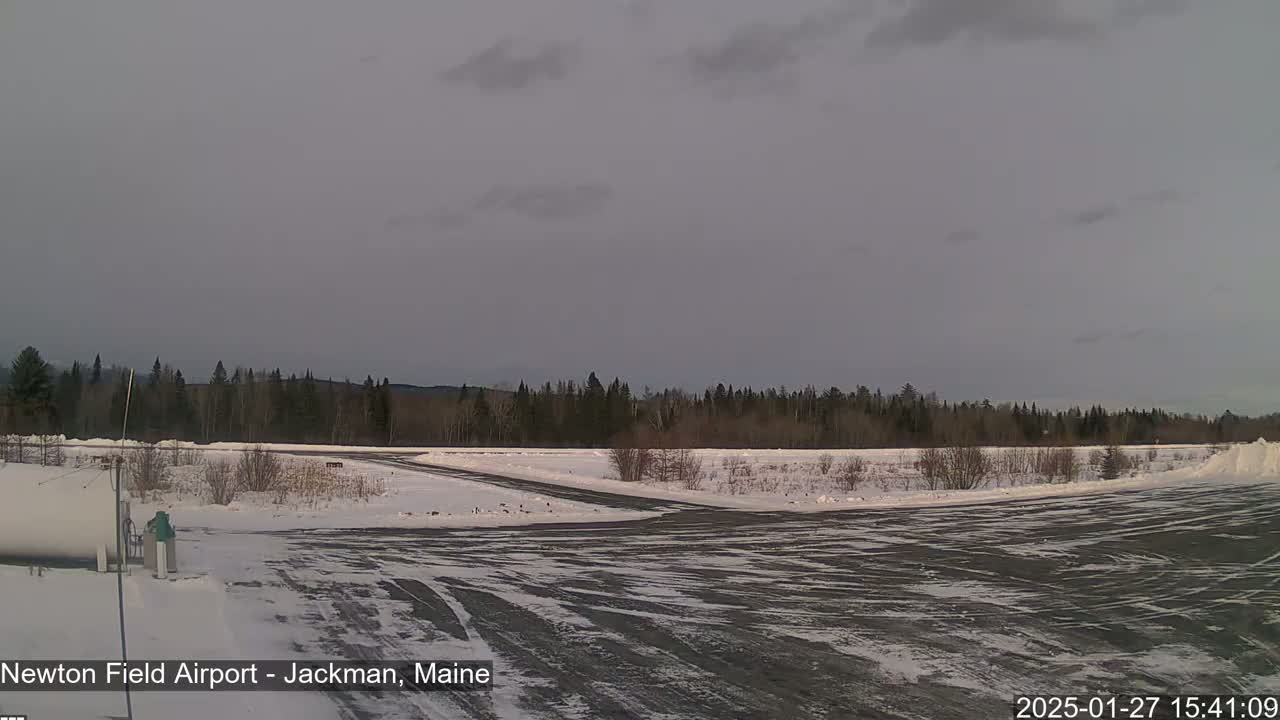 A snow-covered airfield with a line of dark trees in the background under an overcast sky.