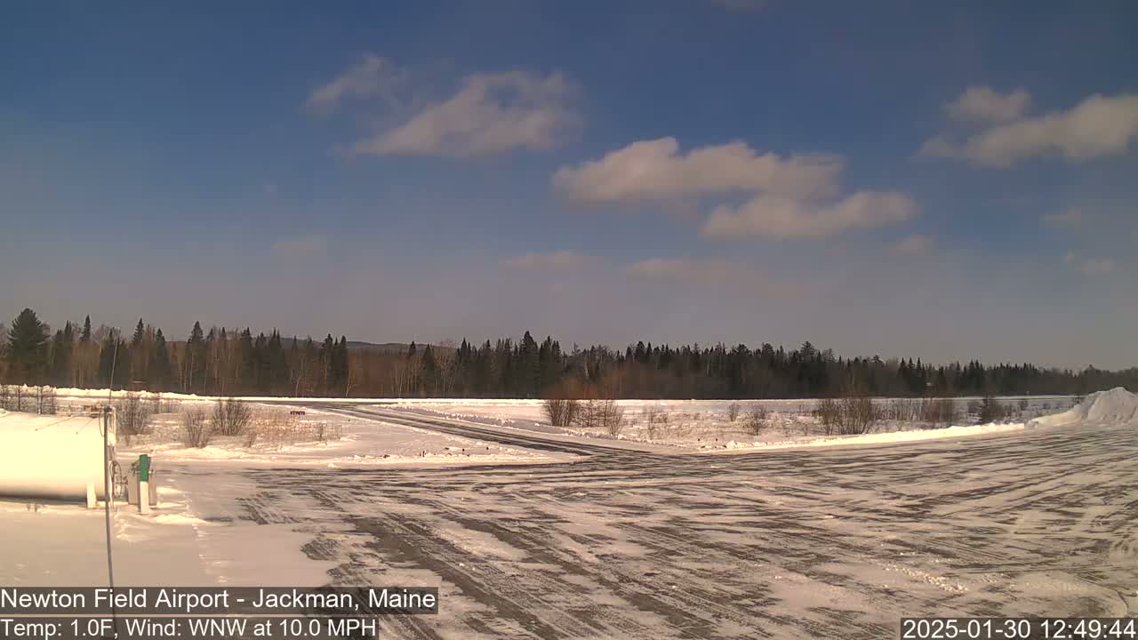 A snow-covered airfield is visible, with a line of trees in the background under a partly cloudy sky.