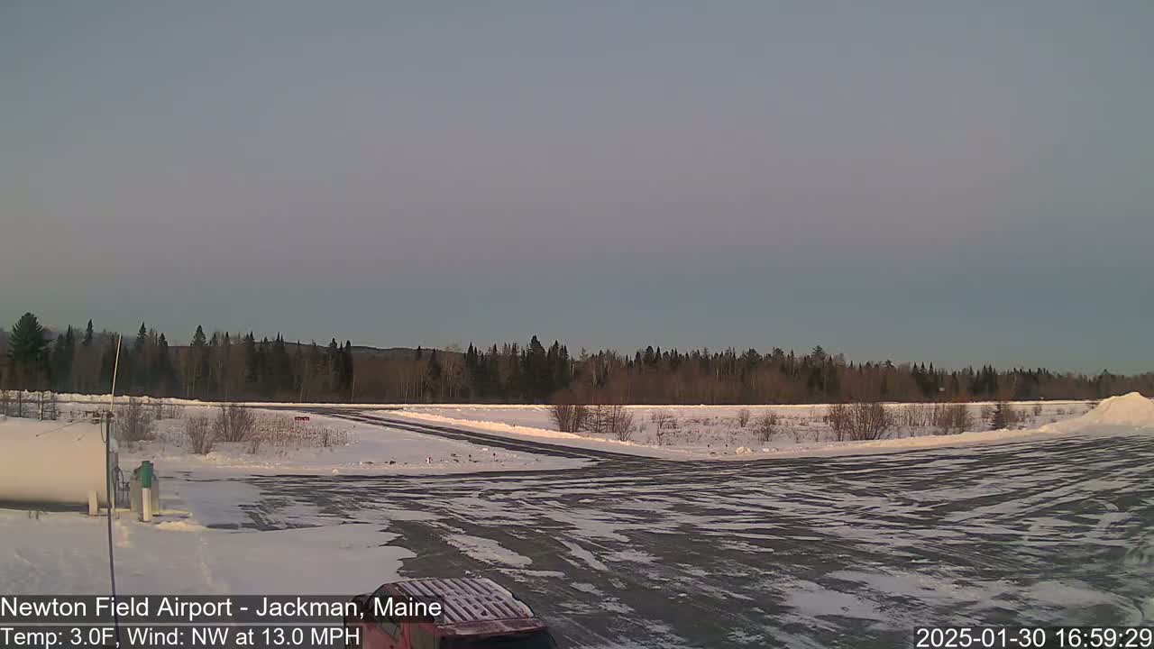 A snow-covered airport tarmac is visible with a line of trees in the background under a clear, pale sky.