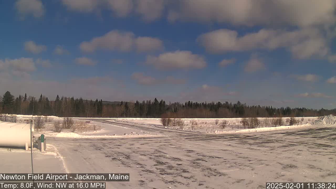 A snow-covered airfield is visible under a partly cloudy sky, with a background of a dark evergreen forest.