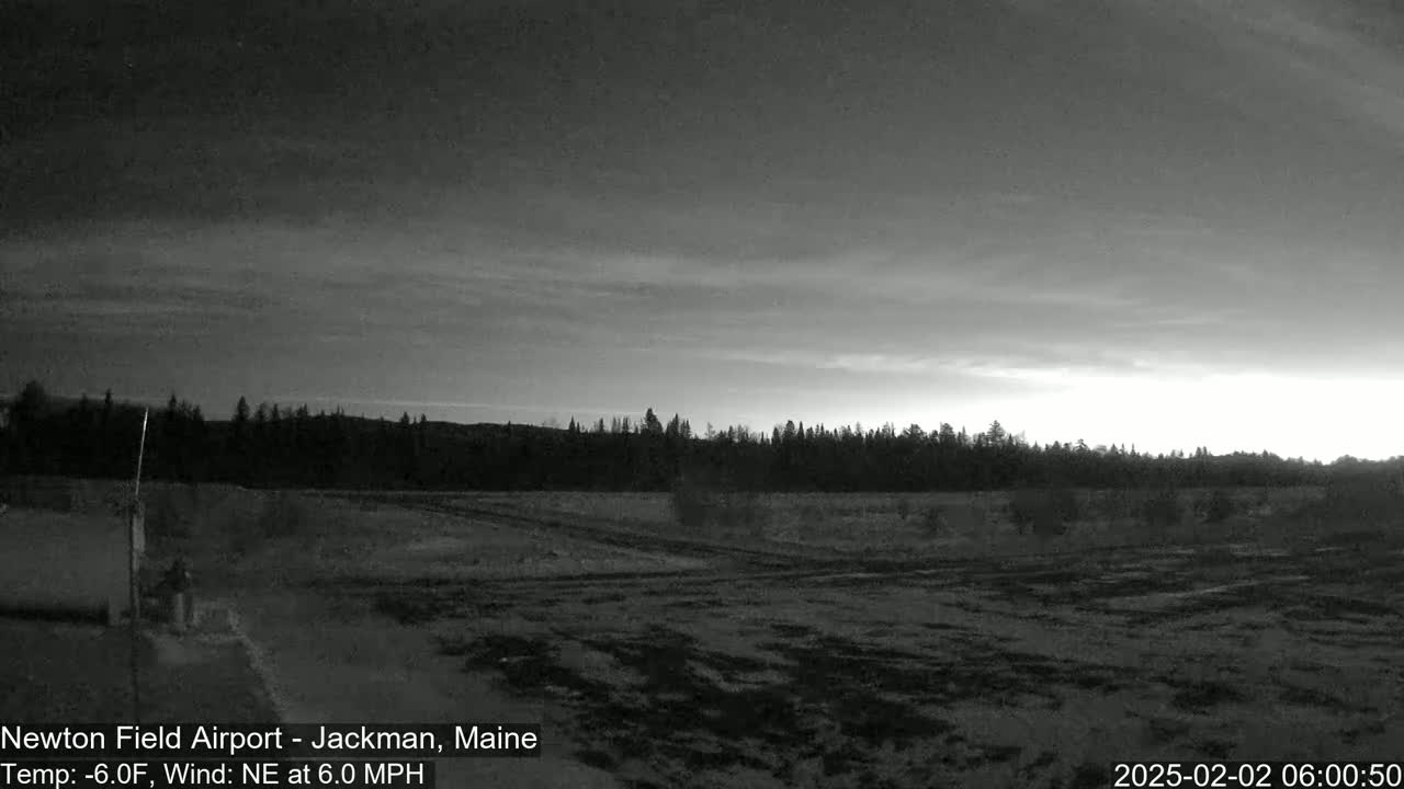 A flat, dark landscape with a line of trees in the distance is shown under a cloudy, pre-dawn sky.