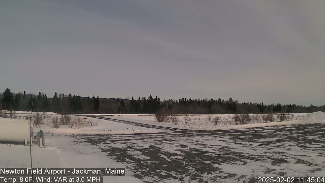 A snow-covered airfield with a line of evergreen trees in the background under a mostly cloudy sky.