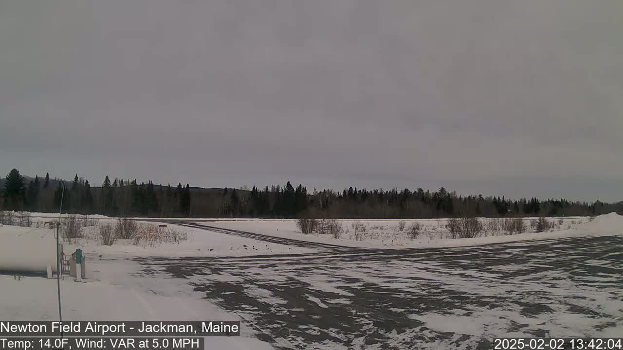 A snow-covered airfield with a line of dark trees in the background under a cloudy sky.