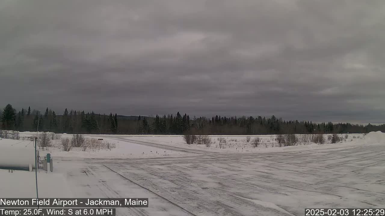 A snow-covered airfield is visible under an overcast sky, with a line of dark trees in the background.
