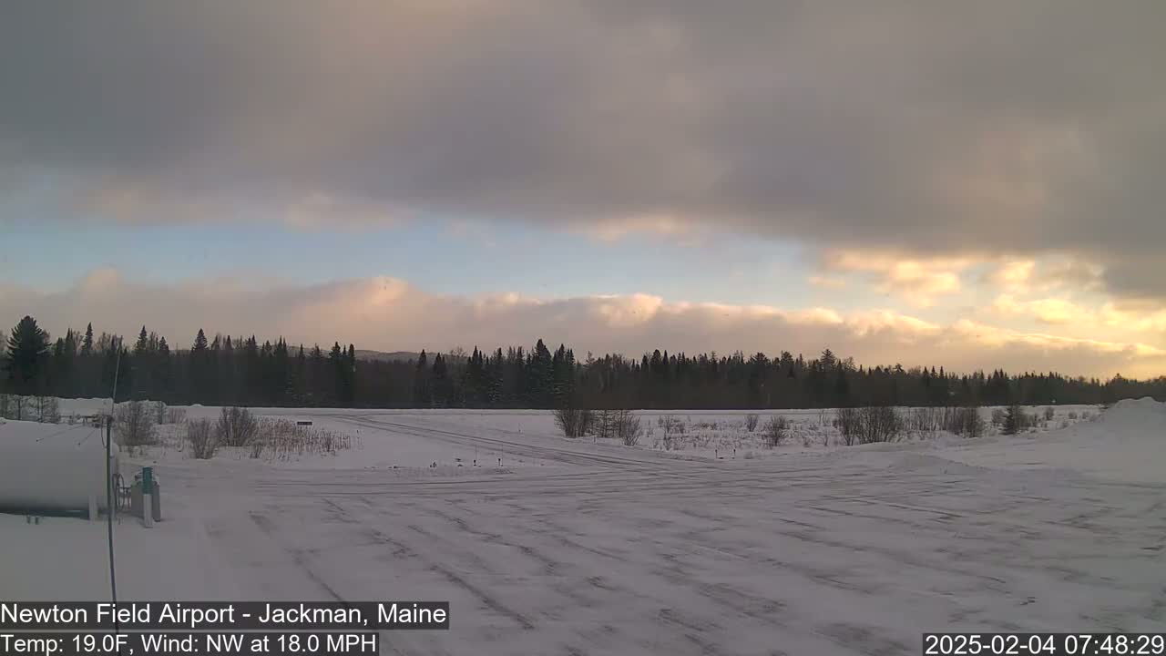 A snow-covered airfield with a line of trees in the background under a mostly cloudy sky with hints of sunrise.