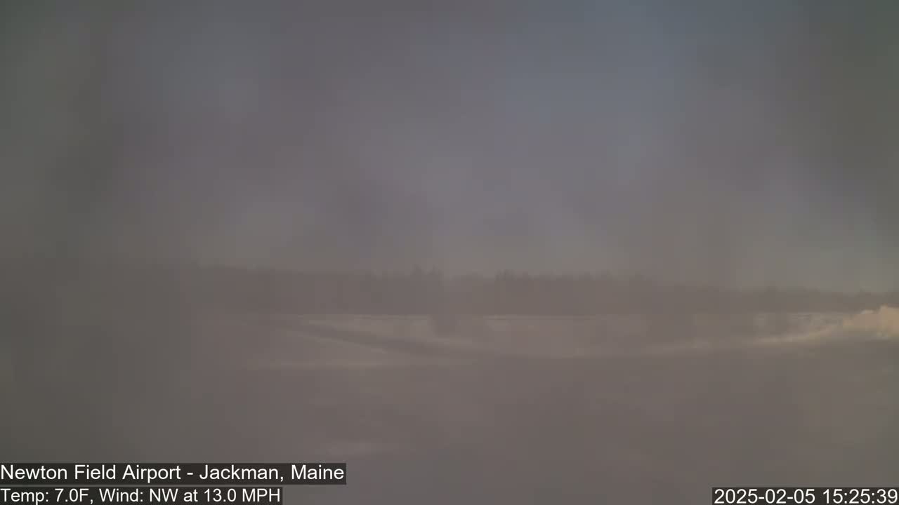 A hazy, foggy landscape is visible, with a temperature of 7 degrees Fahrenheit and a northwest wind of 13 miles per hour.