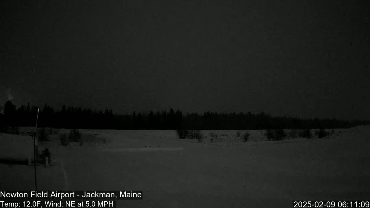 A snow-covered landscape at night, under a dark sky, shows a line of dark trees in the distance with a northeast wind at 5 mph and a temperature of 12°F.