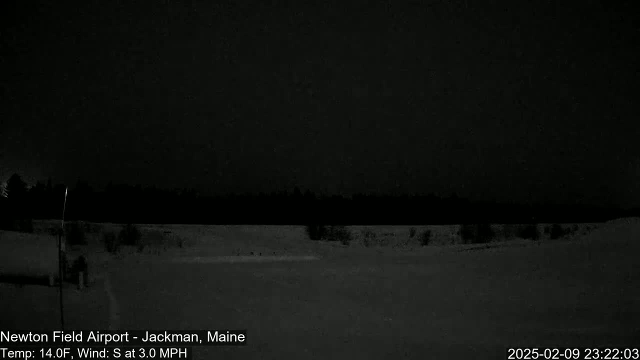 A nighttime, snow-covered landscape is visible under a dark sky with a 3 mph south wind and a temperature of 14°F.