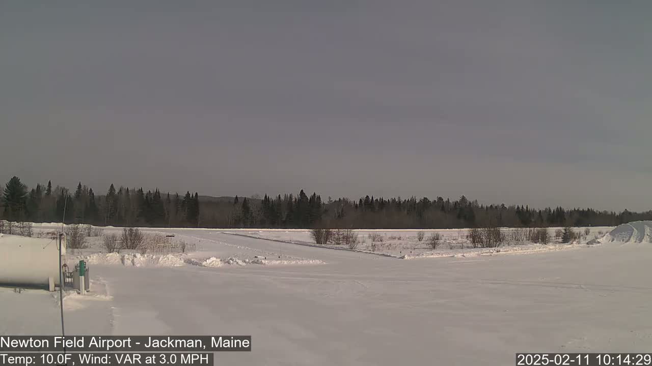 A snow-covered airfield with a line of trees in the background under a clear, bright sky.