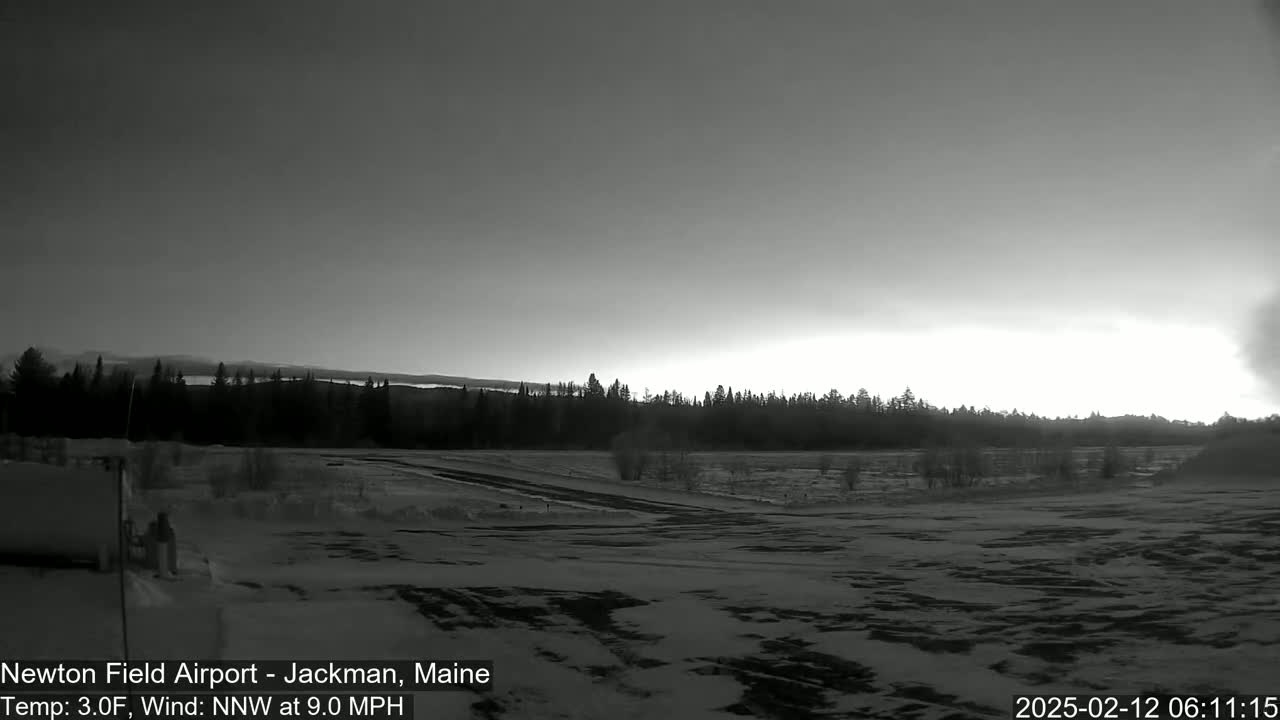 A snow-covered airfield is visible, with a line of trees in the background under a mostly clear, dusky sky.
