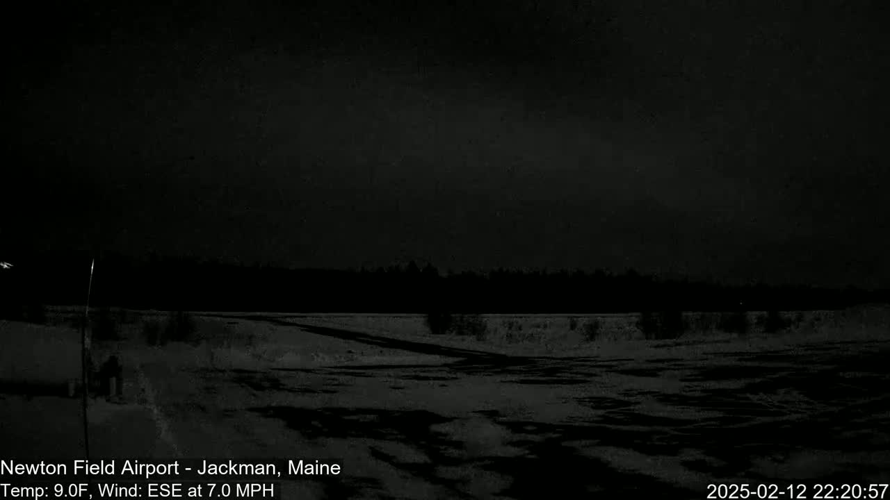 A dark, snowy nighttime scene shows a flat, snow-covered expanse of land with a dark treeline in the background under a dark sky.
