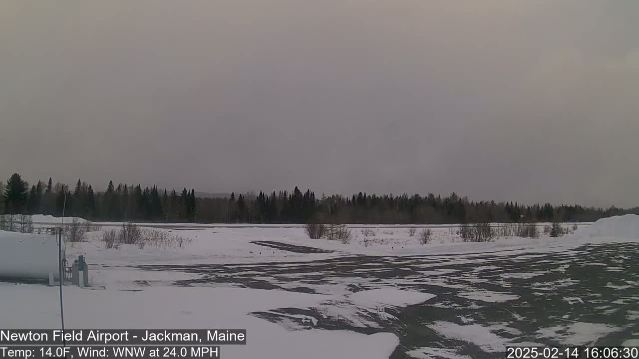A snow-covered airfield with a dark gray tarmac and a line of dark evergreens in the background under an overcast sky.