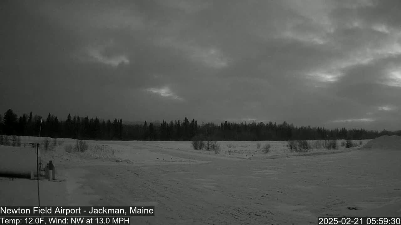 A snow-covered field with a line of trees in the background under a mostly cloudy, dark sky.