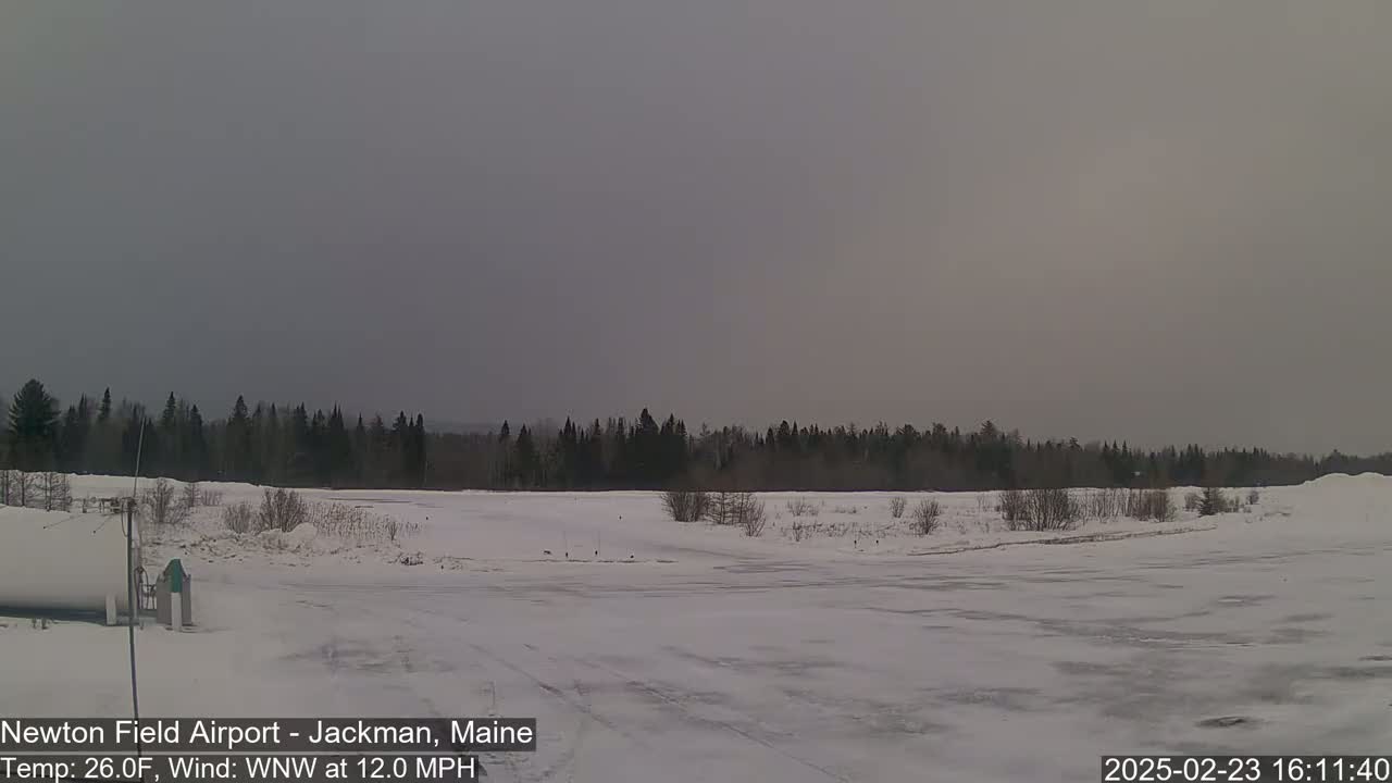 A snow-covered airfield extends to a line of dark evergreens under an overcast sky.