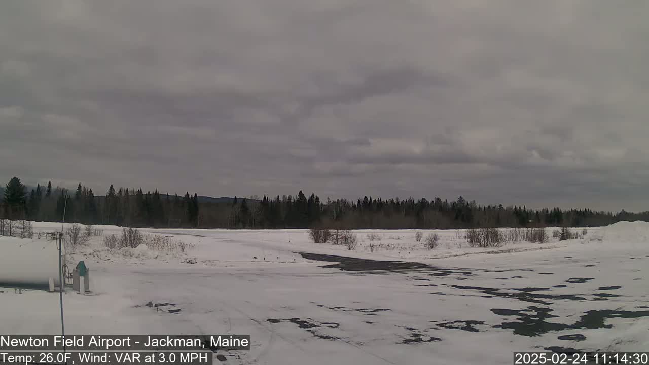 A snow-covered airfield is visible under a cloudy sky, with a line of trees in the background.