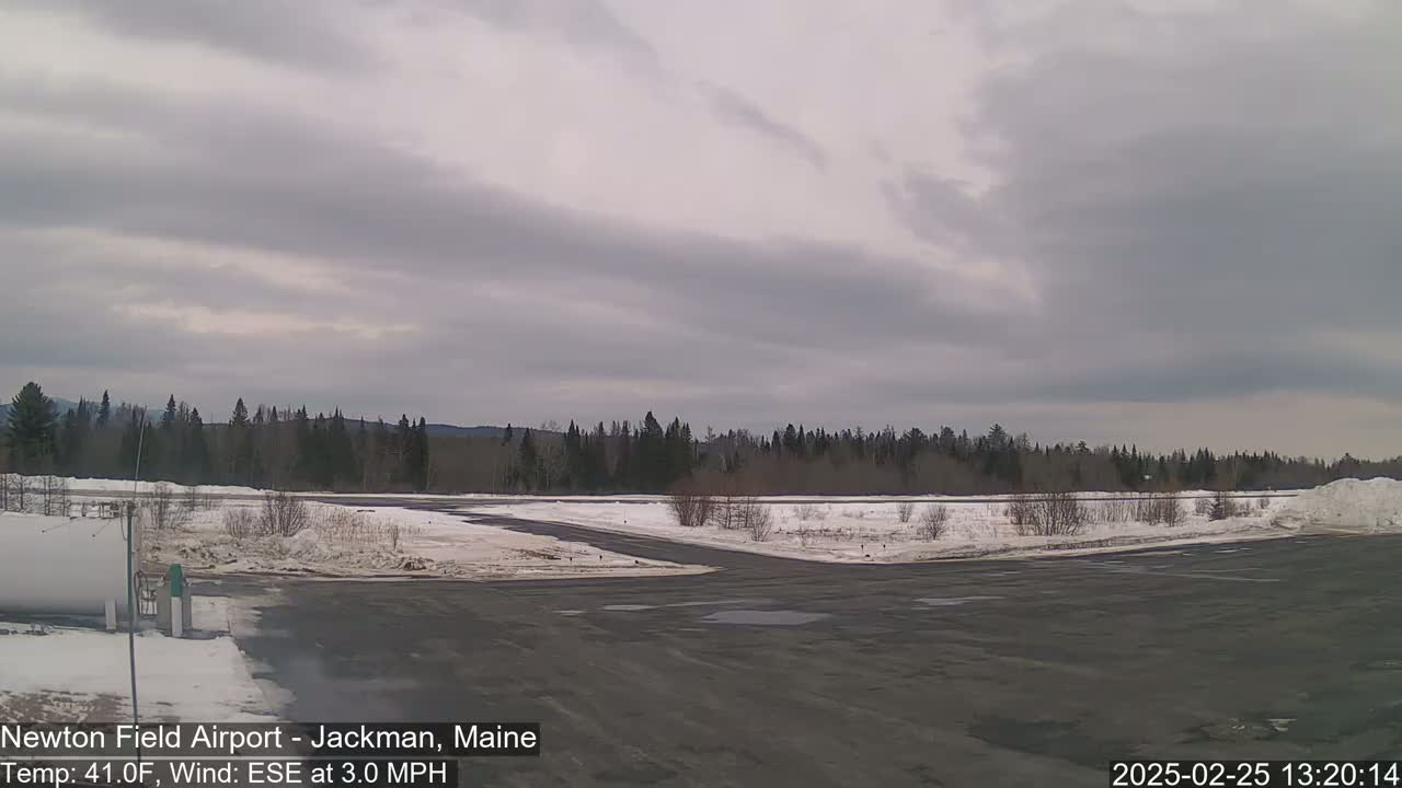 A snow-covered airfield with a dark gray asphalt apron and a line of trees in the background under an overcast sky.