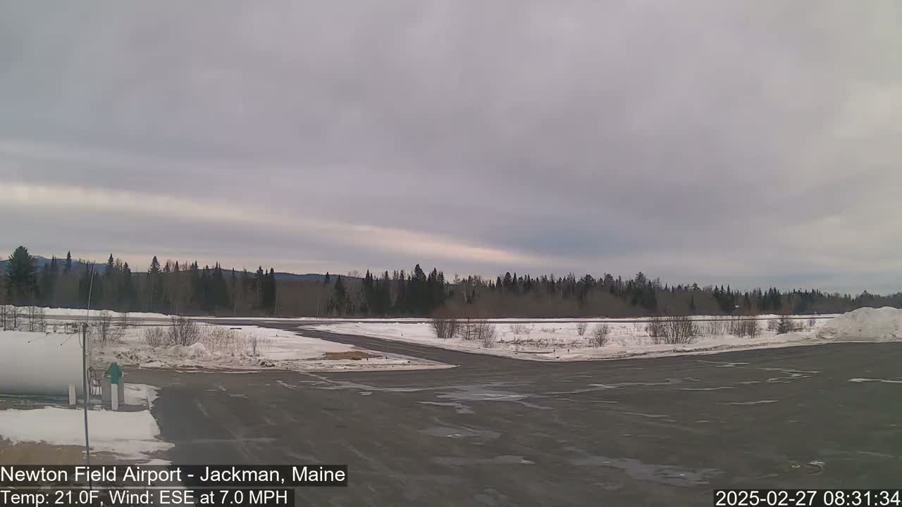 A snow-covered airfield with a line of trees in the background under an overcast sky.