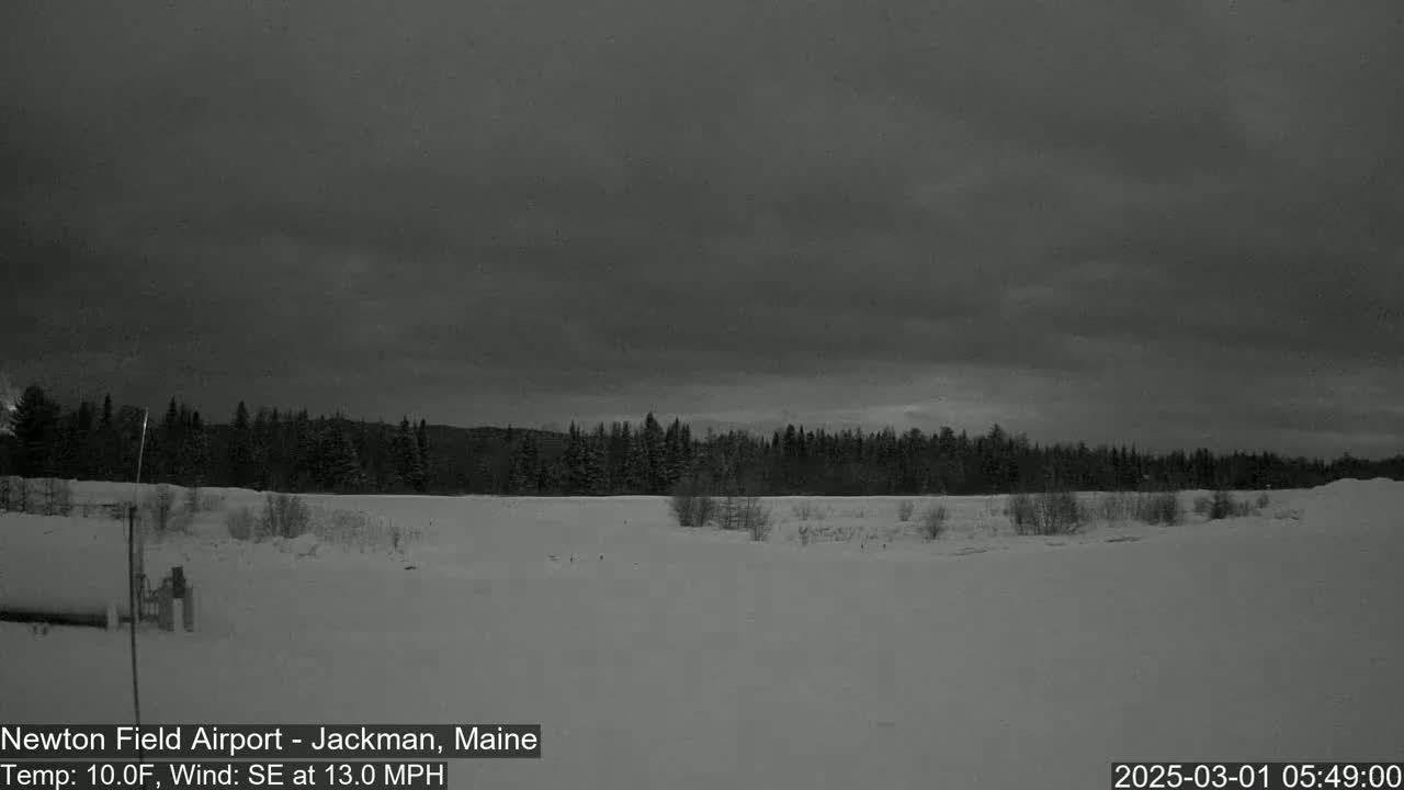 A snow-covered field stretches out before a dark, overcast sky, with a line of trees in the distance under a southeast wind of 13 mph and a temperature of 10°F.