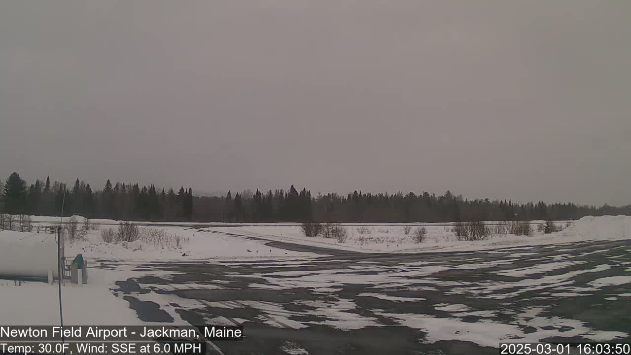 A snow-covered airfield with a dark asphalt runway stretches before a line of dark evergreen trees under an overcast sky.